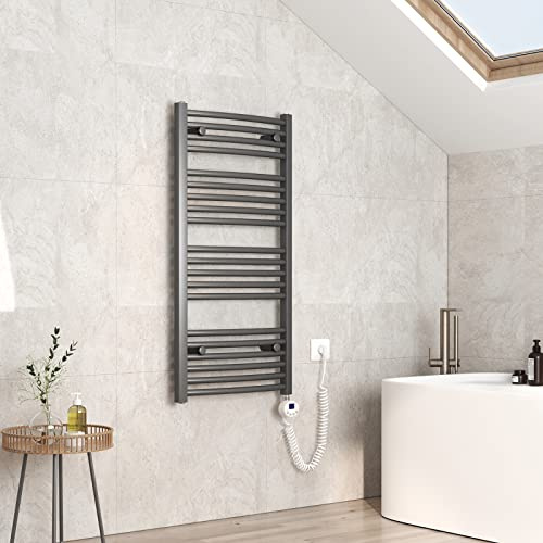 EMKE Elektrischer Handtuchheizkörper 100 x 50 cm, Gebogen Badheizkörper Elektrisch mit Thermostat Handtuchwärmer Handtuchtrockner Elektrischer Handtuchhalter mit Heizstab Anthrazit 500 Watt