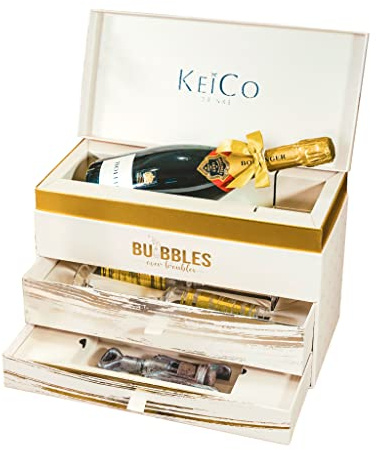 Sparkleware Bollinger Special Cuvee Champagne 75cl KeiCo Luxe Gift Box Valentines Hamper with 2 Gold Champagne Flutes and Solid Chocolate Corkscrew, Congratulations Gift For Couples (Gold)