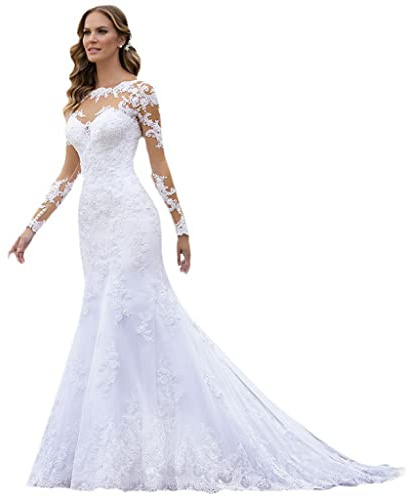 Vestido de Novia de Manga Larga con Cuello en V Elegante Vestido de Novia de Encaje de Tul White 46