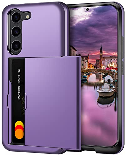 Coolden for Samsung S23 Case with Card Holder Wallet Cover Grey Purple | Shockproof Heavy Duty Protective, Hard PC Back Soft TPU Bumper Card Slot Wallet Cover for Samsung Galaxy S23 Phone Case
