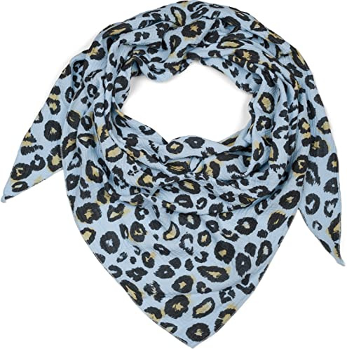 styleBREAKER Sciarpa triangolare in musselin con stampa leopardo, leggero e morbido, in cotone, perfetta per primavera ed estate, produzione italiana, colore:Blu chiaro