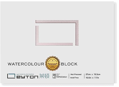 Aquarellpapierblock, 100% Baumwollpapier, 20 Blatt à 72,6 kg/350 g/m², Heißpress-Aquarellpapier, ideal für Aquarell, Gouache, Tinte, Acryl und mehr, Premium-Kunstpapier, 26 x 19 cm