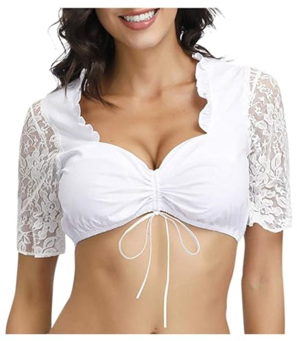 Satohom Maglietta Trasparente Donna Camicia Pizzo Camicetta Dirndl Bianca Tops Blusa Elegante Sexy Clubwear Bavarese Tradizionale Oktoberfest