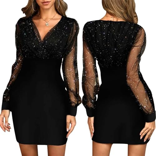 Bcenoilua Mini Robes Manches V Rétro en Maille Manches Longues Taille Haute Elégante en Tulle Cocktail Robe de Soirée Festive Robe Sexy Club