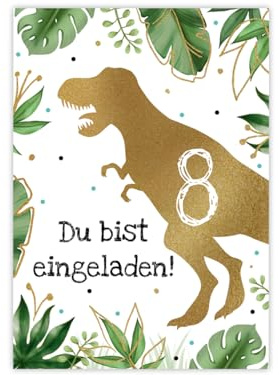 Minkocards 12 Einladungskarten zum 8. Kindergeburtstag Junge Dino Dinosaurier Einladungen achte Jungsgeburtstag