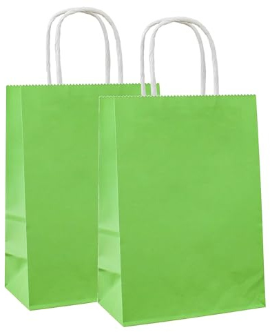 AZOWA Geschenktüten aus Klein-Kraftpapier mit Henkel, Party Geschenk Papiertüten (Grün, 25 Stück, 15 x 21 x 8 cm)
