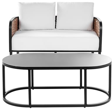 Beliani Gartensofa 2-Sitzer mit Tisch Aluminium schwarz Auflagen weiß Montefalco