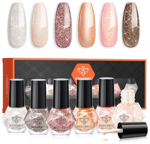 Modelones Nail Polish Set 6 Colors Glitter Pink Brown Nail Polish Quick Dry Nail Varnish Silver Nude Nail Polish Manicure DIY Nail Art Salon Home For Women