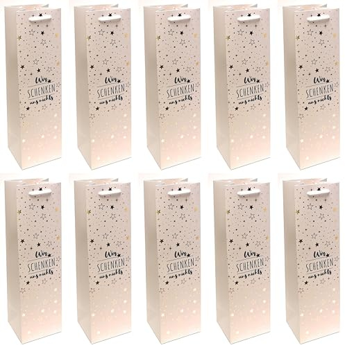 10 Stück Premium Flaschentasche - Wir schenken uns nichts - Creme Gold Sterne Papier Geschenktüte Flaschentüte