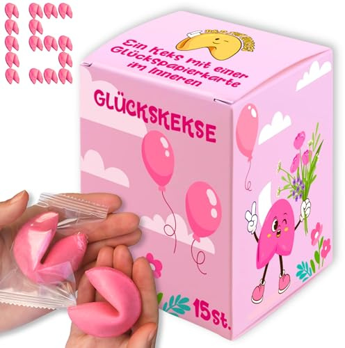 D&D Fun Cookies – Rosa Glückskekse 15 Stück, Vanille-Geschmack, einzeln verpackt, liebevolle Botschaften auf Deutsch & Englisch, Gastgeschenke für Hochzeit, Taufe & Geburtstag
