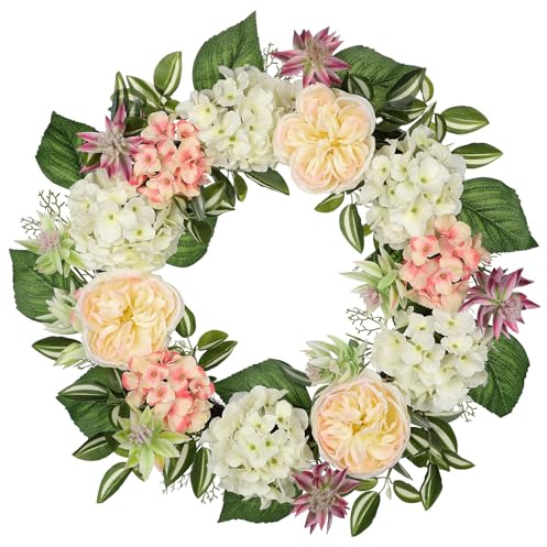 Arborus Hortensien Kranz Deko 60 cm Türkranz Künstlich Rosen Kunstblumen Weiß Sommerkranz Rosenkranz Deko Künstliche Blumen zum Aufhängen Türschmuck Haustür Wand Deko Rustikal Boho Modern Zimmer