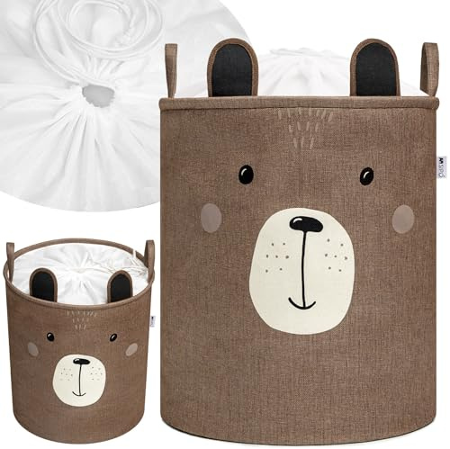 SIPO Aufbewahrungskorb für Spielzeug Premium XXL 63 L Brauner Teddybär, Faltbarer Spielzeug-Organizer für Kuscheltiere und Bausteine mit Kordelzugverschluss, Tragegriffe, Skandinavisches Design