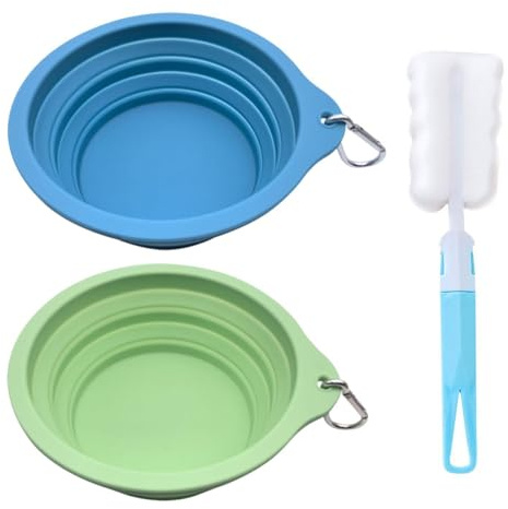 FDGGT Bols Pliables en Silicone pour Animaux De Compagnie, 2 Pièces Et 1 Brosse De Nettoyage en Éponge, Bols Portables pour Animaux De Compagnie, Fournitures pour Animaux De Compagnie