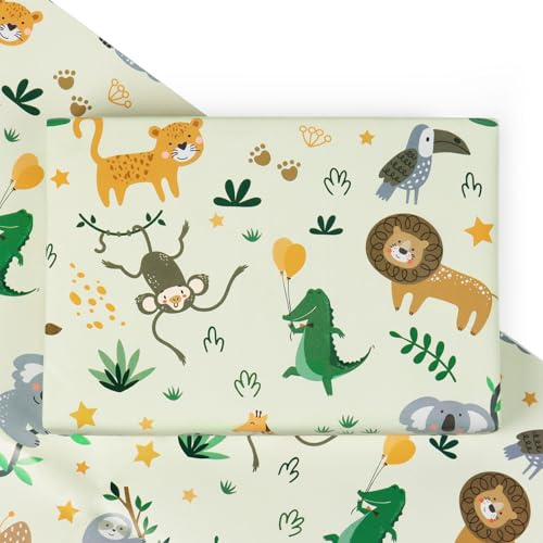 BETESSIN 4 Feuilles Papiers d'Emballage Cadeaux Motif Animaux de Forêt 50x70cm pour Baptême Anniversaire Baby Shower