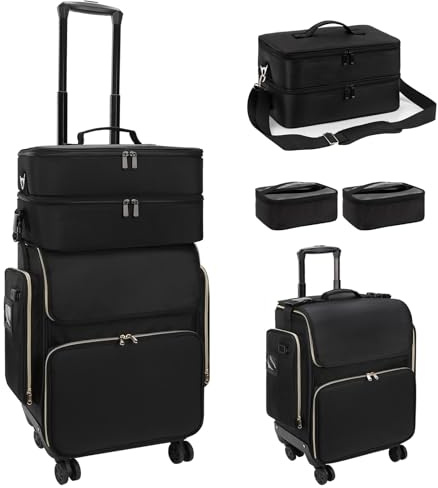 Maletín de cosméticos con ruedas giratorias 360°, maletín de peluquería con bolsa extraíble, aislamiento térmico, carrito de cosméticos para peluquería, maletín de maquillaje grande, Negro ,