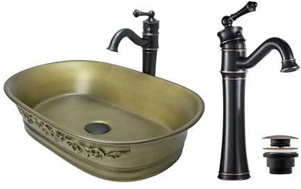 GTM Design Aufsatzwaschbecken Matt Set mit Waschtischbatterie und Stopfen - Aufsatzwaschbecken Oval für Badezimmer - Modern Waschbecken ohne Hahnloch - Waschbecken mit Armature - Modell 6