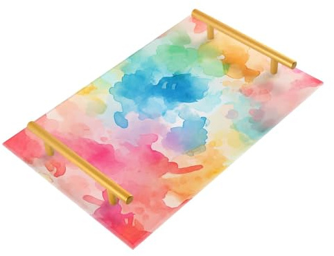 Plateau alimentaire décoratif arc-en-ciel avec poignées - Plateau de service plat pour bijoux, parfum pour service de chambre, bandeja rectangulaire décoratif pour cocina