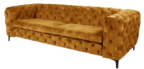 Sofa MODERN BAROCK - 235cm - senfgelb - Samt Chesterfield Pappelholz | 3-Sitzer, Metallfüße, Federkern-Komfort, massives Gestell, Rundumbezug