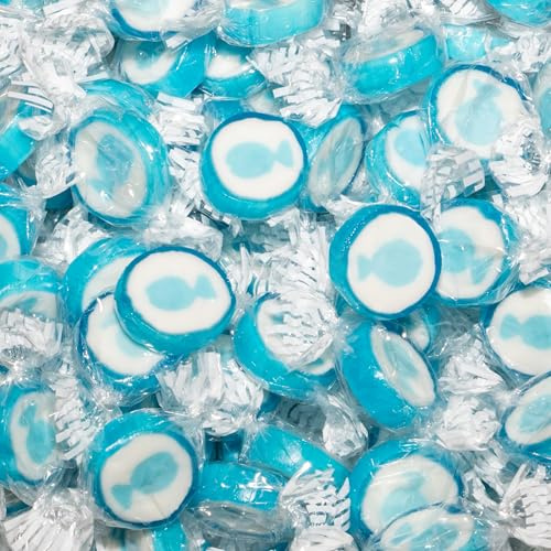 Fisch-Bonbons zur Taufe Kommunion Party Hochzeit 500g - handgewickelte Rocks-Bonbons mit blauem Fisch-Motiv - Tischdeko Mediterran Gastgeschenk
