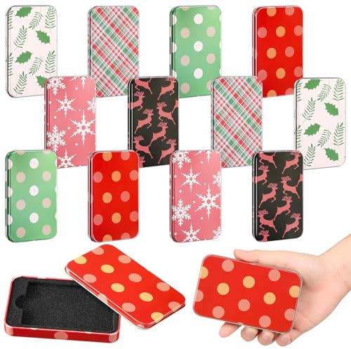Zhengmy 12 Pcs Christmas Gift Card Boxes Holder Christmas Tins with Lids Card Boxes Bulk 6 Designs 4.33 x 2.6 x 0.6 Metal Tins for Xmas Holiday Present Stocking Stuffers Money Cookie Party Favor
