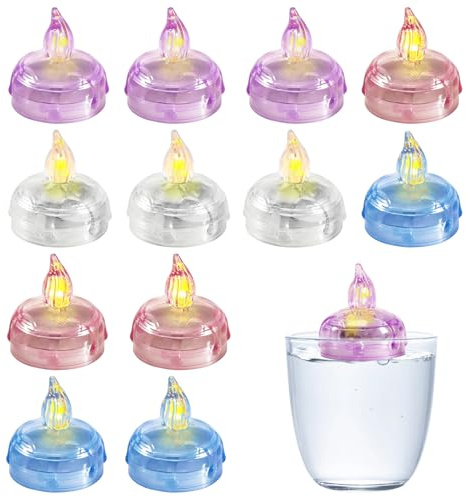 Lot de 12 bougies chauffe-plat flottantes à LED - Bougies flottantes étanches sans flamme - 3,5 x 4 cm - Lumière blanche chaude durable pour dîner, mariage, salle de bain, piscine, étang