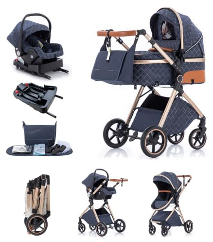 Kakbgee 3 in 1 Kinderwagen, Buggy Faltbar, 7-höhenverstellbarem Griff | Babyschale & Base, 4-Rad Federung, Regenschutz, Moskitonetz, Kombikinderwagen für Neugeborene 0-3 Jahre (15kg), Blau