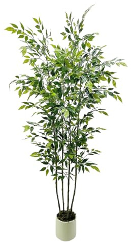 6Ft Artificial Ficus Tree, 71 Silk Fake Ficus Leaves Plant with White Imitation Ceramic Planter, Indoor Outdoor Potted Faux Tree for Home Garden Office House Livingroom Decor