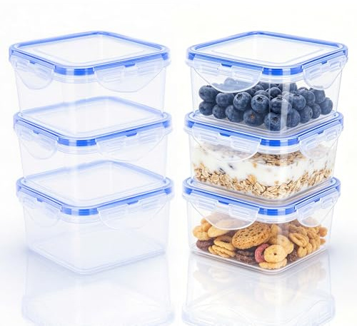 KihhonTech 6 Pack 430ml Square Food Containers with Airtight Clip Lock Lids | Reusable Small Plastic Storage Containers, Leak-proof Meal Prep Pots Set Stackable for Yoghurt, Fruit, Snack and Freezer Use