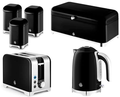 Swan Solace Black Kitchen Set - 1.7L 3KW Kettle, 2-Slice Toaster, Bread Bin & 3 Canisters. Contemporary Matching Set. Premium Black Gloss Finish with Chrome Trim