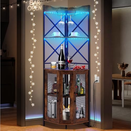MELLCOM Corner Bar Cabinet with LED Lights & Sockets, Brown