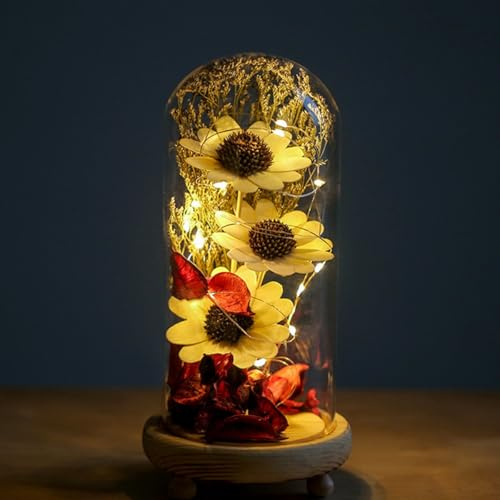 ZJYIGOWL Campana di Vetro con Fiori Stabilizzati E Luci LED Bouquet di Rose Stabilizzate in Campana di Vetro con Base in Legno per Diverse Occasioni, Decorazione per La Casa(Yellow B)