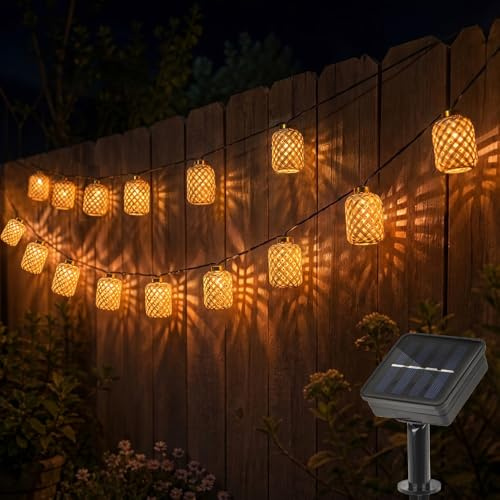 WRQIOO 15 Laterne LED Solar Lichterkette Aussen, Solar Lichterkette Rattan, Sol-ar Lichte-rkette Lampions Outdoor, Lichte-rkette Außen So-lar Boho für Balkon Terrasse Garten Deko