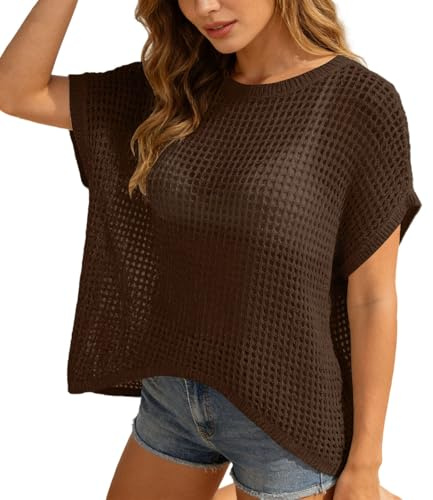 Maglione estivo da donna all'uncinetto, con motivo traforato, scollo rotondo, spalle scoperte, maglia all'uncinetto, a maniche corte, leggero, casual, in rete, abbigliamento streetwear, O marrone, XL