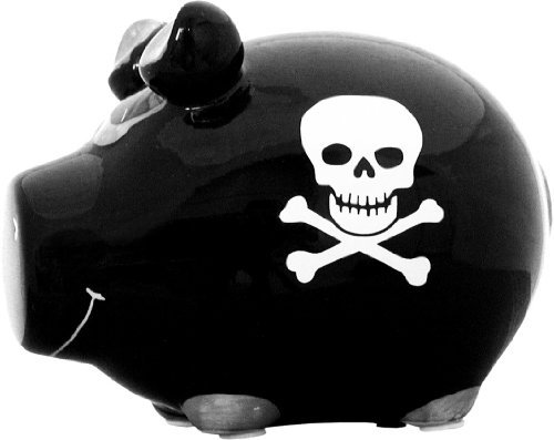 KCG Sparschwein Piraten Schwein Keramik Spardose mit Gummiverschluss kleines Schwein mit Totenkopf für Kinder 12,5 x 9 x 9 cm