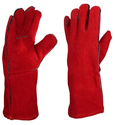 DSYJ Welding Gloves Long Leather Gaunlets Heat Resistant Lined Extreme Heat Resistant Gloves, Ideal Welding gloves for TIG and MIG, Perfect BBQ gloves for cooking in Grill and Oven Red