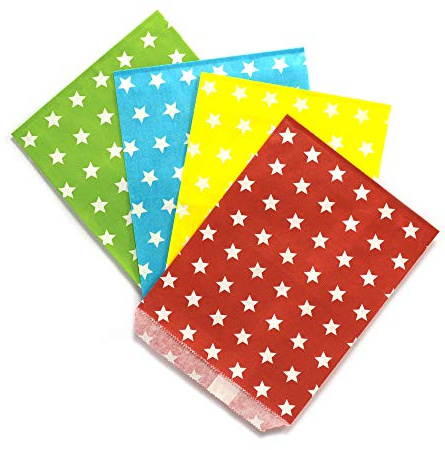 Frau WunderVoll® 100 PAPIERTÜTEN IM Set 9, 4x25 Stück: grün Sterne, beachblau Sterne, gelb Sterne, rot Sterne 13x16,5cm, 45Gramm Papier, flach/Hochzeit, Papiertütchen, Mitgebseltüten