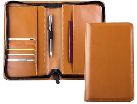 DELMON VARONE - Reisebrieftasche mit RFID-Schutz & Reißverschluss Leder Braun - Reise-Mappe & Reise-Dokumenten-Tasche - Familien Reise-Organizer Hülle für Reisepass, Passport (groß für 4 Personen)