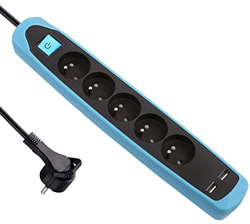 Electraline Gummy 35617 Bloc Multiprise 5 prises et 2 USB - couverture en silicone protection contre impacts - câble 2 mt - fiche plat