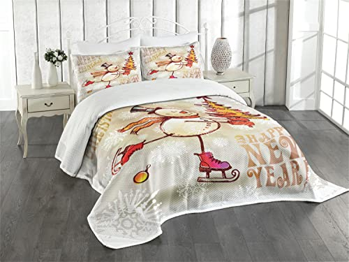 ABAKUHAUS Weihnachten Tagesdecke Set, Skating Happy Snowman, Set mit Kissenbezug farbfester Digitaldruck, für Einzelbetten 170 x 220 cm,Rot Beige