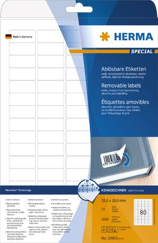 HERMA Etikett, Inkjet/Laser/Kopierer, selbstklebend, ablösbar, abgerundete Ecken, 35,6 x 16,9 mm, weiß (2.000 Stück), Sie erhalten 1 Packung á 2000 Stück
