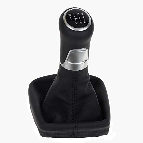 ICT Schaltknauf Schalthebel Schaltsack/Schaltmanschette Leder kompatibel mit: VW Golf Plus 12/2004 – 01/2014 schwarz, 6 gang, Komplettset Ersatzteil (LED rot)