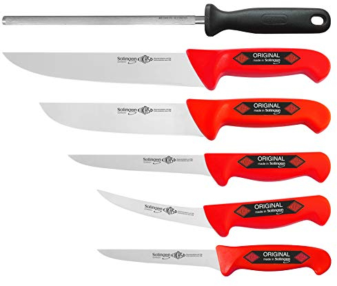 EIKASO Solingen Germany 6 Teilig Set Schlachtermesser Metzgermesser Ausbeinmesser Blockmesser Rot aus Molybdänstahl 1.4116 für Profis und Privat