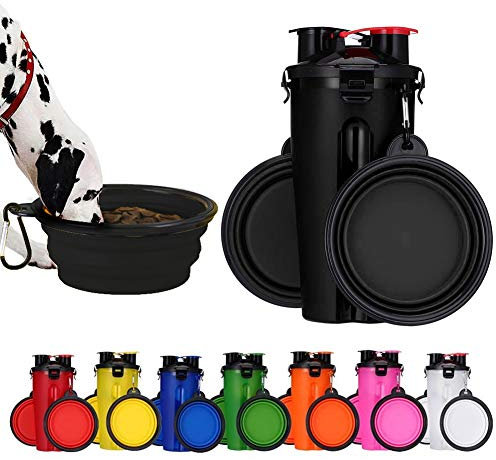 PJDDP Hund Trinkflasche Und Futterflasche Tragbare 2-In-1 Hundetrinkflasche Mit 2 Faltbar Hunde Reisenapf,Katzen Hunde Wasserflasche Wasserspender Leckdichte Für Unterwegs, Wandern, Draussen,Schwarz