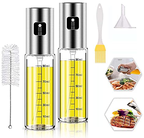 YANKUIRUI Oil Sprayer for Cooking, Olive Oil Spray Bottle, Dressing Spray with Brush Portable, 100ml Olive Oil Glass Bottle for Kitchen, BBQ, Salad, Baking, Roasting, Grilling (2Pcs+Set)