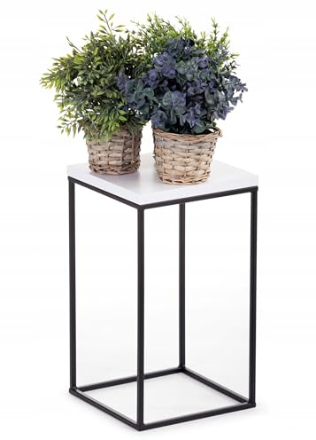 HowHomely Pflanzenständer Metall 40 cm Hoch - Stabiler und Fester Blumenhocker im Loft Stil - Blumenständer mit Weiß MDF-Platte für die Innendekoration