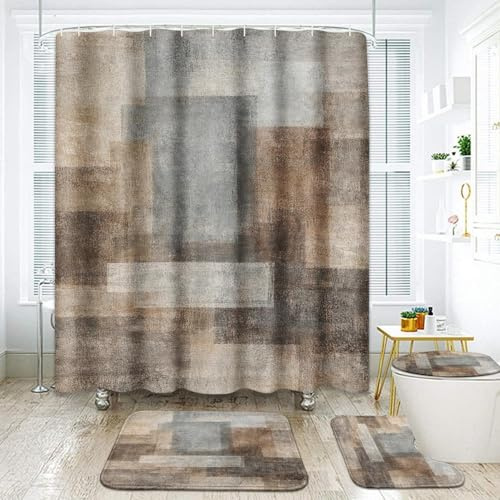 ArtSocket Juego de 4 cortinas de ducha, color beige, gris, pintura abstracta marrón con alfombras antideslizantes, tapa de inodoro y alfombrilla de baño, juego de decoración de baño, 183 x 183 cm