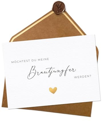 JoliCoon Brautjungfer fragen, A6 mit Naturkuvert und Wachssiegel | 400g strukturiertes Designerpapier, Goldveredelung, für eine besondere Hochzeitsfrage