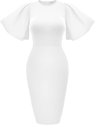 Memoriesea Women's Ruffle Flared Short Sleeve Pencil Midi Dress White