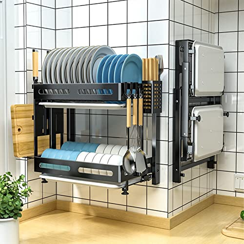 Égouttoir à Vaisselle Mural en Acier Inoxydable 304 - Grand Support Pliable pour Comptoir de Cuisine Avec Égouttoir Amovible, Porte-Couverts et Porte-Planche à Découper