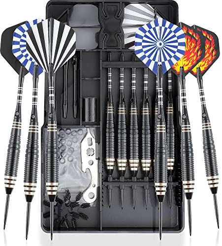 CareGames Dartpfeile mit Metallspitze,6 Stück 24 Gramm Profi Steeldarts 9 Aluminium Schaft mit 12 Flights, 20 Orings, 2 Flight Protektoren,Sharpener und Werkzeug Geschenketui (Schwarz)